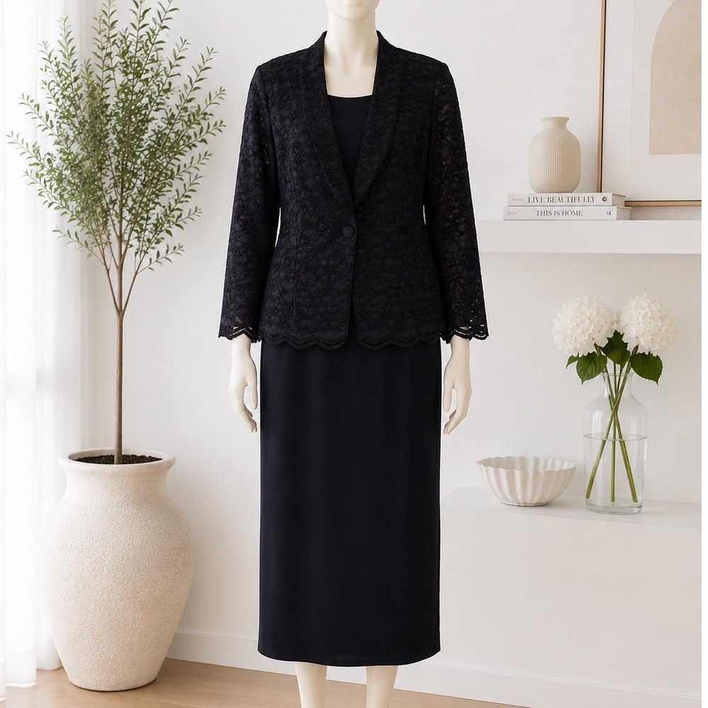 Talbots Dress Suit Set Womens 16P Navy Blue Lace Jacket Mother of the Bride MOTB